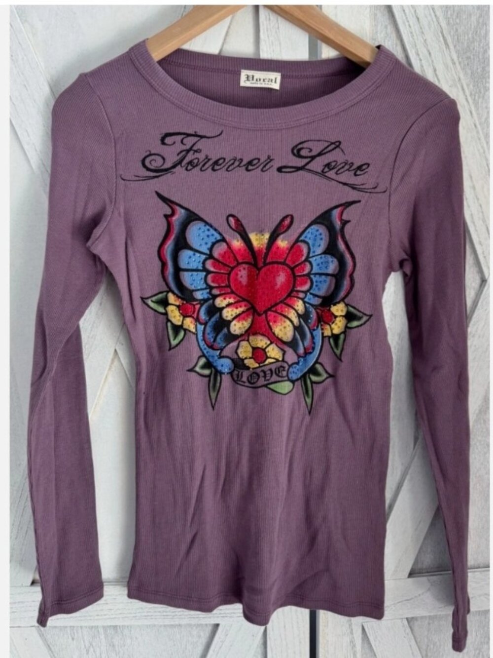 New Vocal Apparel Womens Crystal Purple Forever Love Butterfly Wings L Large y2k